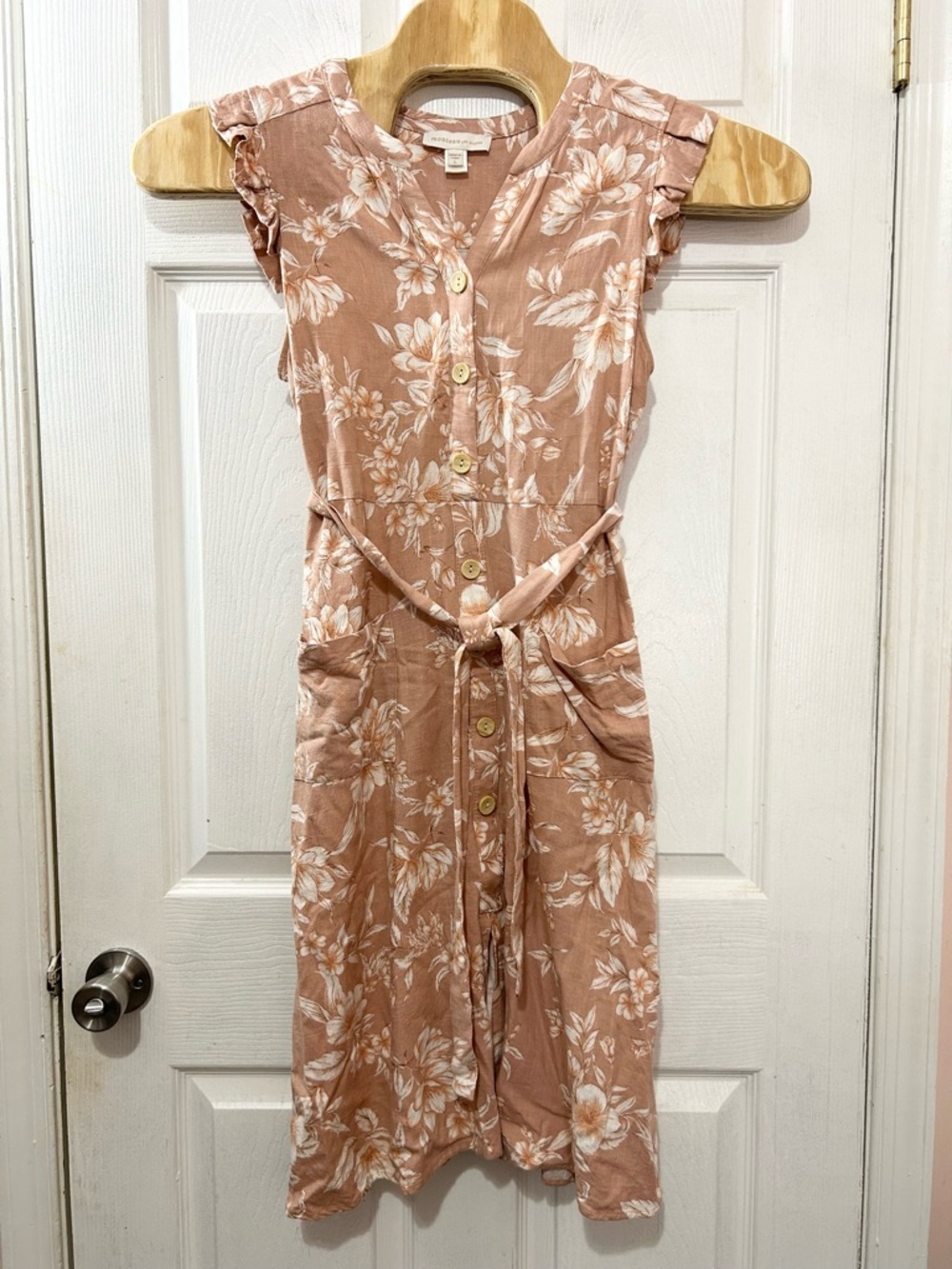 Monteau Los Angeles Floral Button Front Linen Blend Dress Ruffle Sleeve Large.